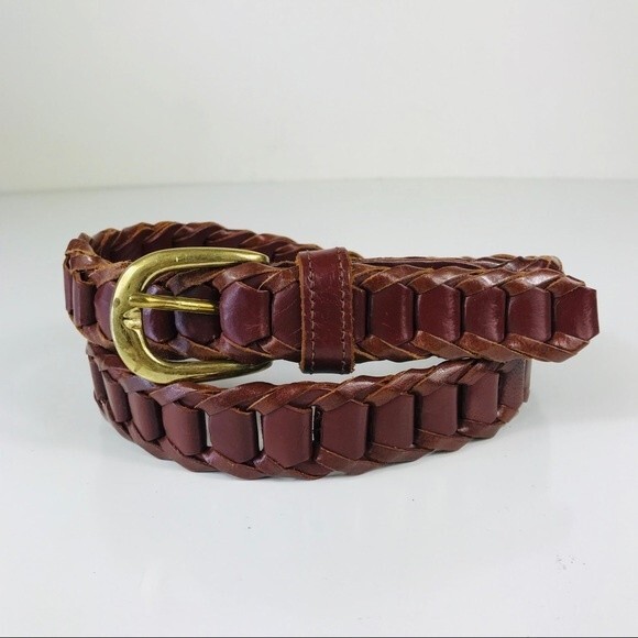 Vintage Genuine Leather Brown Woven Braided Belt Brass Buckle M L - Picture 2 of 10